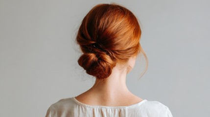 Woman seen from behind with elegant red hair in a low bun, simple white top and plain light gray background
