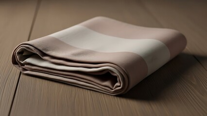 Folded Beige Towel on Wooden Surface.