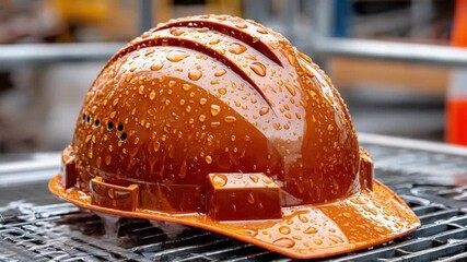 Safety Helmet Under the Rain: A vibrant orange safety helmet, speckled with glistening raindrops, rests atop a metallic surface, symbolizing protection and resilience against the elements.
