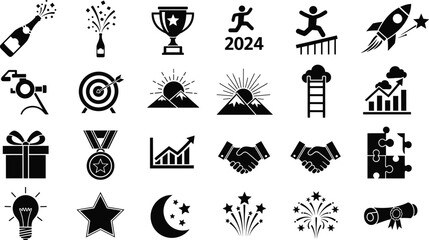 Naklejka premium Conceptual Hilltop and Skyline-View New Year Celebration Silhouette Icon Set