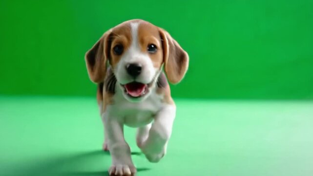 Cheerful Beagle Puppy on Green: A charming beagle puppy, exuding pure joy and playful energy, bounds forward against a vibrant green backdrop, capturing a moment of youthful exuberance.