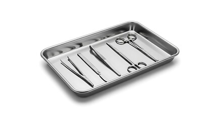 Surgical instruments arranged neatly in a stainless steel tray on a white background