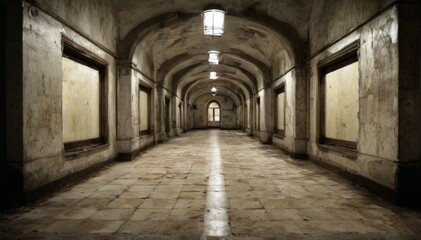 Fototapeta premium Desolate old corridor with arched windows, stone walls, marble floor, boarded windows, closed doors, gloomy atmosphere, dilapidated appearance.