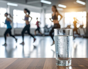Clear water glass on a table, condensation on glass, blurred background showing fit runners in sportswear inside an indoor gym, premium water advertisement style