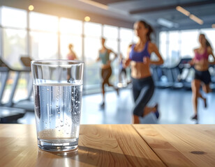Clear water glass on a table, condensation on glass, blurred background showing fit runners in sportswear inside an indoor gym, premium water advertisement style