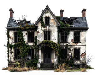  Abandoned Haunted Mansion with Broken Windows, Front View, Isolated PNG for Halloween