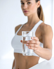 Close-up of a transparent glass filled with fresh water, soft blur showing a toned female athlete in activewear standing in a fitness gym, premium water advertisement
