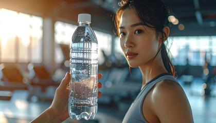 Close-up of a hand holding a clear water bottle during a workout, gym background blurred, professional bottled water advertisement