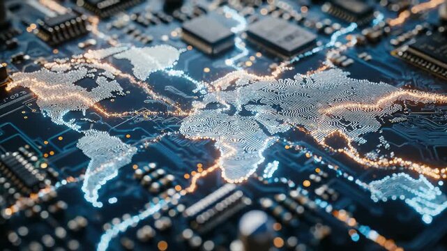 Electronic motherboard showing global map connections, vivid blue and orange light traveling along data pathways on intricate computing hardware.