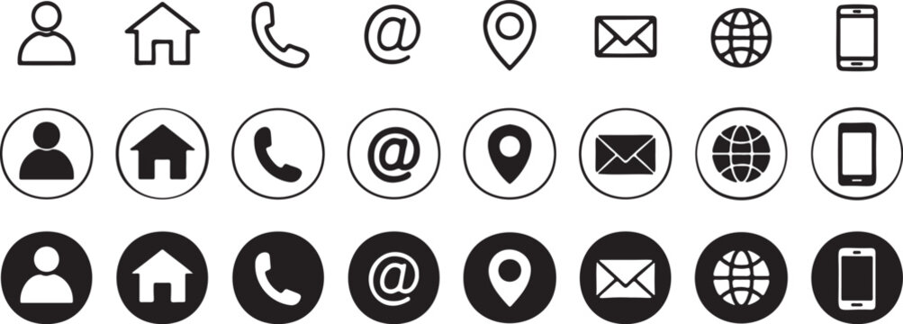 Vector  illustration of Contact information icon set with user, home, phone, email, location, and mobile symbols, isolated on white background and transparent background