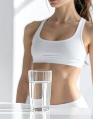Close-up of a transparent glass filled with fresh water on a white surface, minimal white background, shallow depth of field, soft blur showing a toned female athlete