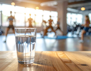 Close-up of a transparent glass filled with fresh water on a wooden table, bokeh background of toned people exercising in a fitness gym, clean commercial photography