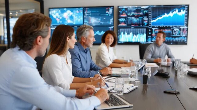 Strategic Session: A collaborative team of professionals engages in a focused meeting, leveraging data-driven insights and fostering dynamic discussion within a contemporary office setting. 