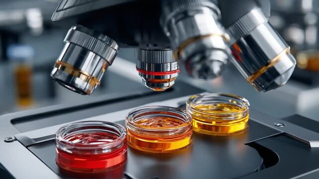 Microscope and samples: A close-up view unveils the intricate lenses of a microscope, illuminating the presence of multiple samples within glass dishes.