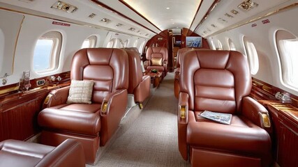 Luxury Aircraft Interior: A sophisticated airplane interior, featuring plush leather seats and polished wooden accents, suggests comfort and style. The cabin is filled with natural light.