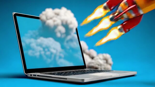 Digital Launch: A vibrant image of a laptop, with a rocket bursting forth from the screen, symbolizes the concept of technological advancement.