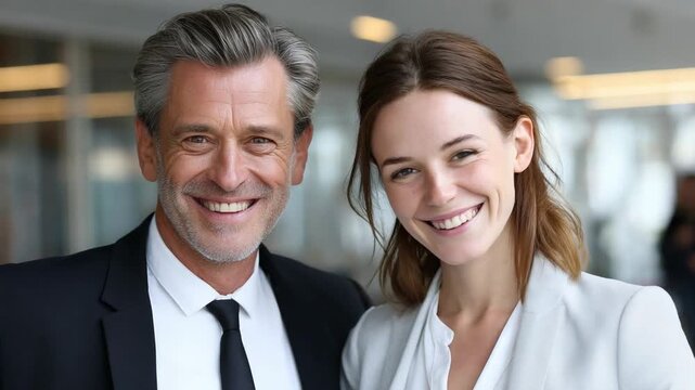 Professional Portrait of Colleagues: a captivating headshot of a mature man and woman, both radiating confidence and warmth, against a backdrop of a modern workplace.
