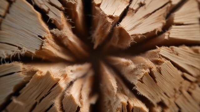 Abstract perspective capturing the raw, splintered texture of a freshly split wooden log, highlighting the intricate radiating grain and fibrous composition