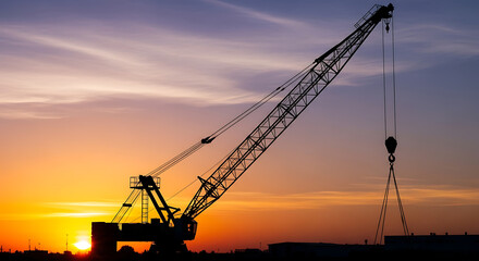Fototapeta premium Crane operating at construction site during vibrant sunset viewed from a distance