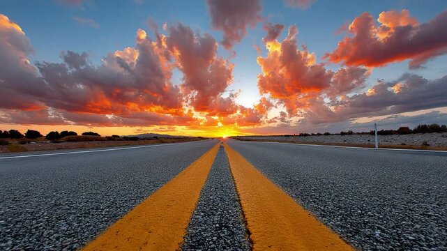 Road to Horizon: A serene road stretches towards the horizon, bathed in the vibrant colors of a sunset sky, with a sense of limitless possibilities.