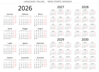 Simple 2026, 2027, 2028, 2029, 2030 Italian calendar. Clear vector illustrations Italy
