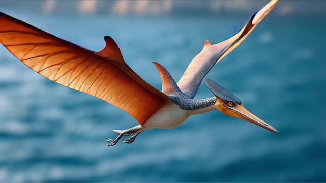 Pterosaur Soaring Above the Water: A Pterosaur gracefully soars through the clear sky, its impressive wings casting a shadow over the vast ocean beneath.