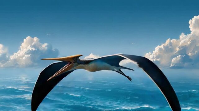 Pterosaur Soaring Above the Sea: A pterosaur gracefully glides through the sky, its wings spread wide against a backdrop of endless blue horizon.