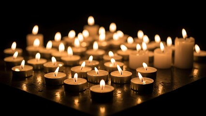 Multiple Lit Candles on Dark Surface.