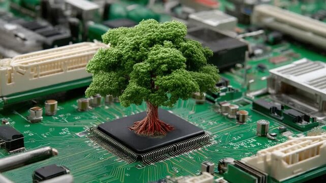 Green Tech Fusion: A visual symphony where technology intertwines with nature, a flourishing tree taking root on an intricate circuit board, suggesting harmony and sustainable innovation.