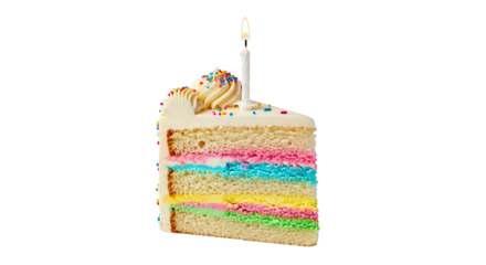 Slice of Rainbow Layer Cake with Sprinkles and Candle.