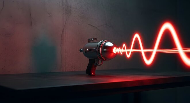 Retro Sci-Fi Ray Gun Blasting Red Laser Energy Wave on Dark Concrete Background
