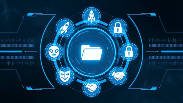 Futuristic hud interface with central folder and cybersecurity icons