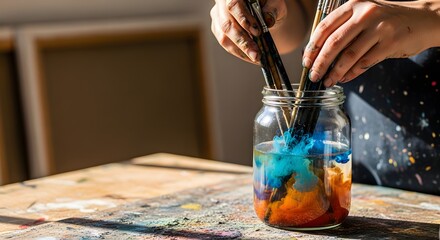 Close-up of an artist cleaning paint brushes in a clear glass jar, with colorful paint diffusing in water for a creative art concept