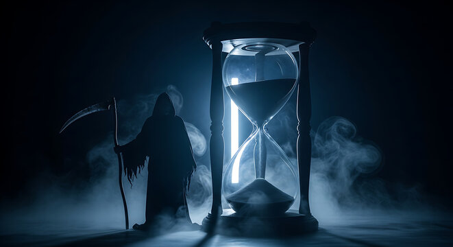 Grim Reaper stands beside an hourglass with sand running out in a dark and misty atmosphere