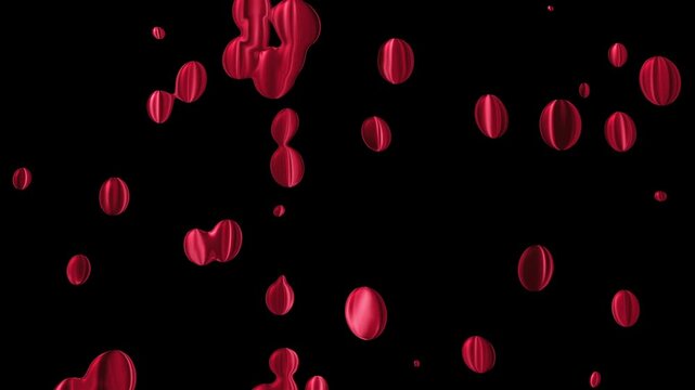 Red liquid droplets with metallic sheen on black background drops fluid