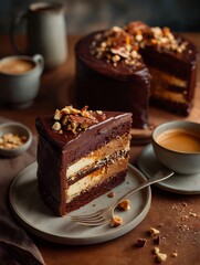 Piece of chocolate cake with coffee on plate
