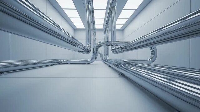 Polished Chrome Conduits Snake Through Futuristic Industrial Corridor