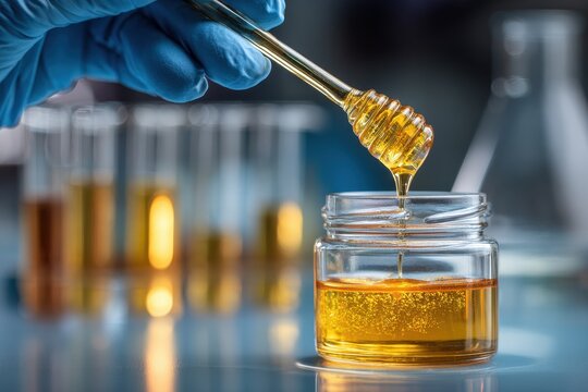 Worker holds honey dipper over jar in laboratory setting with glassware and other equipment in background
