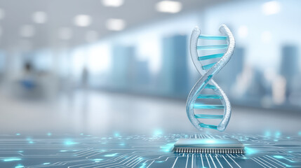 Medical technology concept DNA helix floating above processor in modern lab with glowing circuit