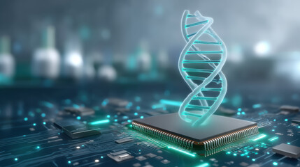 Futuristic medical technology dna helix emerging from microchip glowing circuit