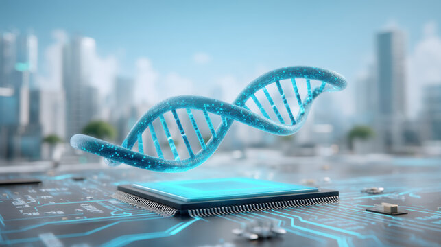 Futuristic medical technology concept with glowing dna strand above microchip inspiring - Powered by Adobe