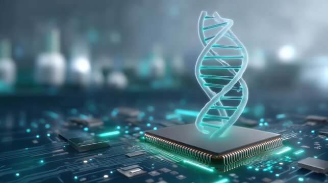 Futuristic medical technology dna helix emerging from microchip glowing circuit - Powered by Adobe