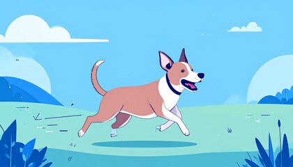 Cartoon dog, tan and white, running happily across a green field under a bright blue sky with puffy white clouds