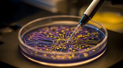 Close-up view of a Petri dish with an intricate, colorful design being manipulated by a scientific tool, suggesting biological or technological investigation