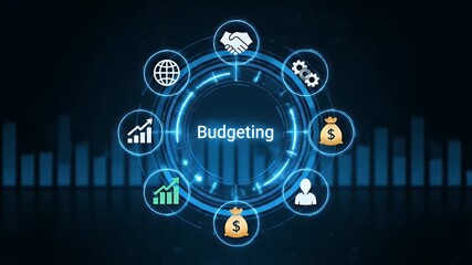Financial budgeting concept with icons on a glowing digital interface - Powered by Adobe