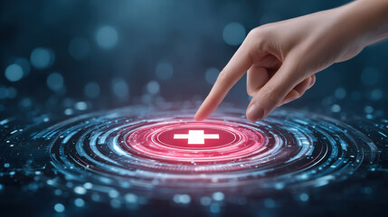 Medical technology digital health interface with hand activating emergency care button