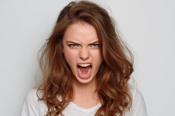 Woman expresses strong emotion with loud shouting against a light background during an indoor setting