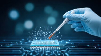 Medical technology scientist gloved hand pipette circuit board glowing particles innovation