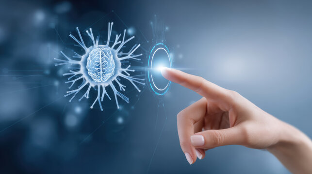 Finger touching virtual interface linking medical technology brain network - Powered by Adobe