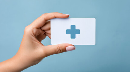 Obraz premium Medical technology card held by hand with blue cross symbol conveying healthcare assistance